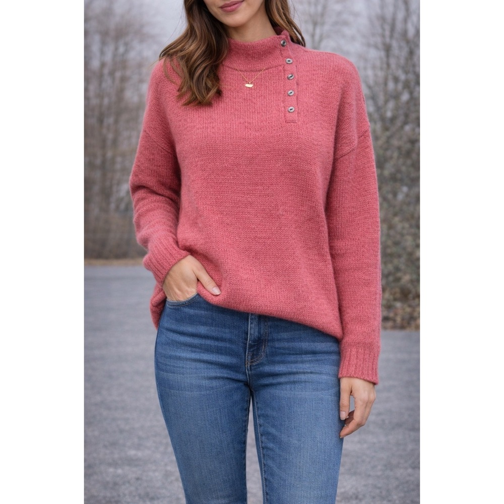 Johnstons of Elgin Cashmere Sweater Pink‎ Mock Neck Button Scotland Womens L/XL